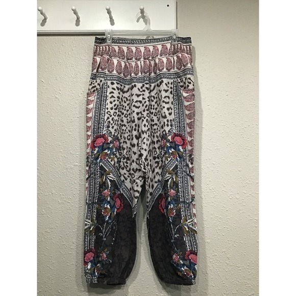 Free People Boho Patchwork Harem Pants Linen Blend Tapered Festival Women's M - Picture 2 of 7